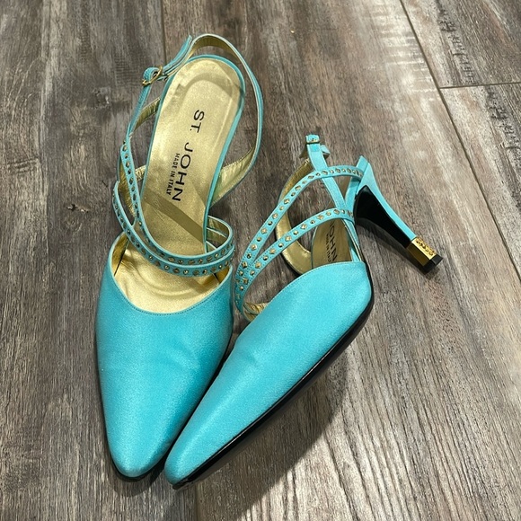 ST. JOHN Aqua Slingback rhinestone heels Made In Italy size 9 “something blue” - Picture 1 of 9